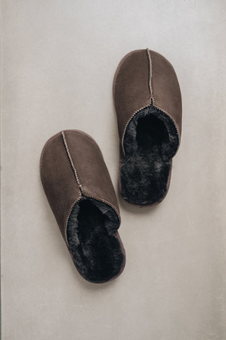 Pair of brown sheepskin slippers on a light grey background