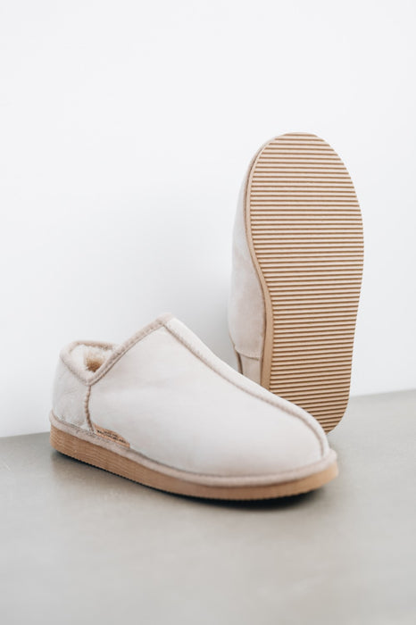 Heatons women’s house slippers in neutral tones with a plush wool interior.