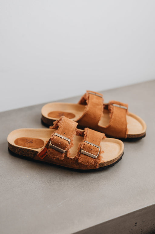 high angle of the sandals and their metal buckle