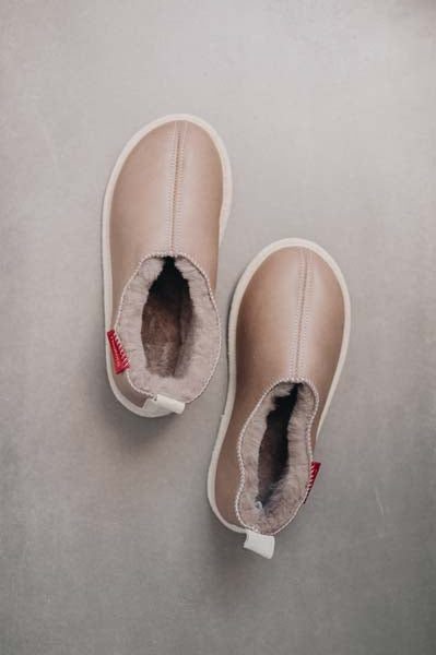 Birds Eye View of Sophia Walnut British  Sheepskin Slippers on Concrete Surface