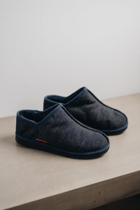 Mens Sheepskin Slipper with Denim Exterior for durability.