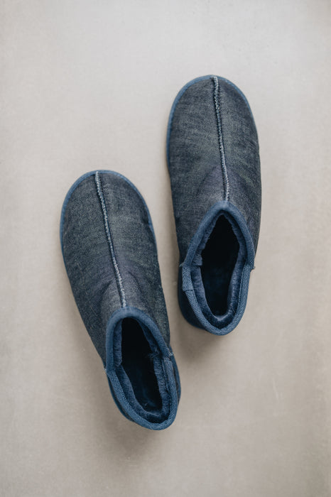 Mens Sheepskin Slipper with Denim Exterior for durability. Birds eye view showing sheepskin interior. 