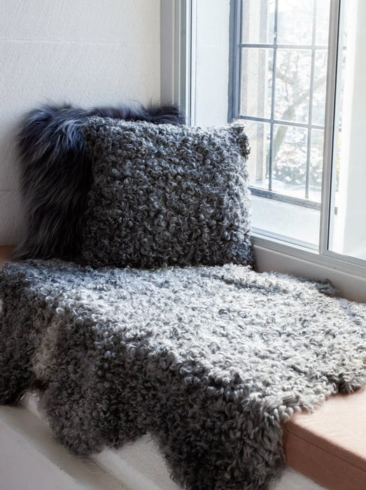 natural gotland rug hide on bench beside window