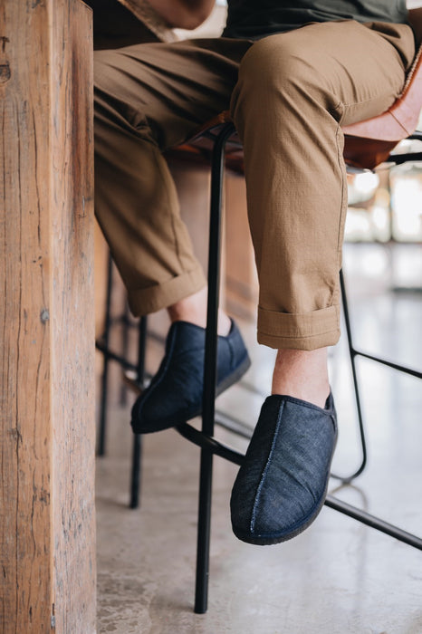 Mens Sheepskin Slipper with Denim Exterior for durability.