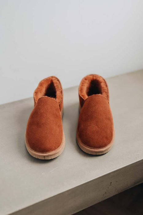 Rust coloured loafer style sheepskin slipper - Tilly front on view
