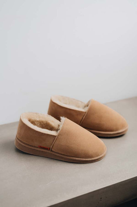 Tan coloured loafer style sheepskin slipper - Tilly profile view