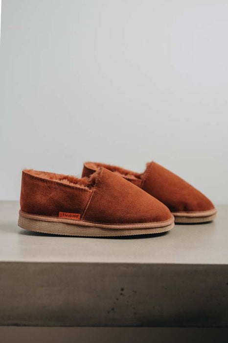 Rust coloured loafer style sheepskin slipper - Tomos profile view