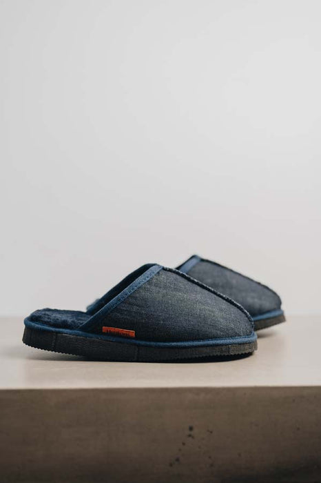 Denim covered loafer style sheepskin slipper - Willow profile view