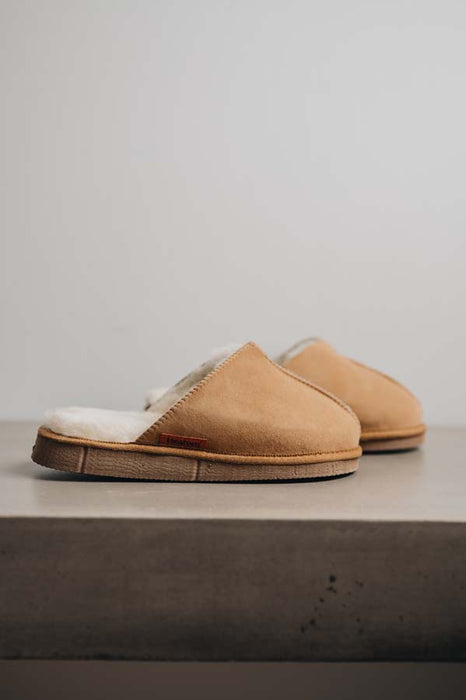 Tan coloured loafer style sheepskin slipper - Willow profile view